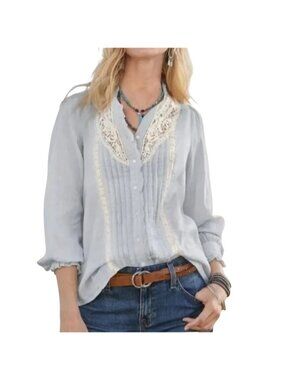 Sundance Light Blue Cotton Lace Ruffle Trim Pintuck Pleat Button Front Blouse